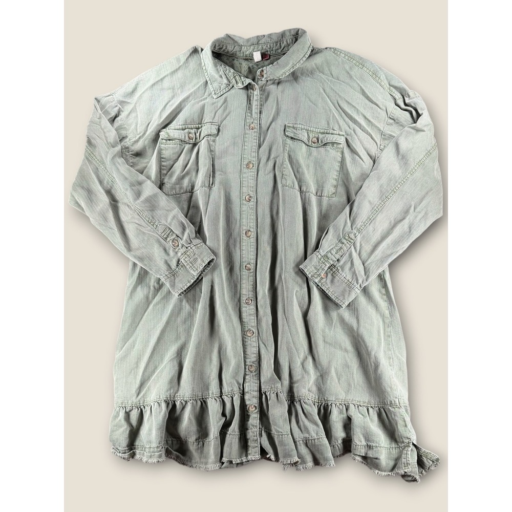 Pilcro Anthropologie Green Lyocell Herringbone Ruffle Hem Shirt Dress XL